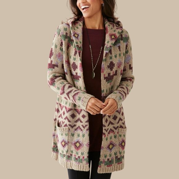 J Jill Aztec Lenox Cardigan Sweater Hooded Pocket Open Front Topper Jacket - Picture 1 of 13